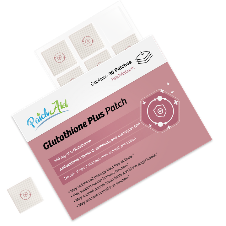 A partially open Glutathione Plus Patch - Antioxidant &amp; Detox Support 1-Pack box displays several adhesive patches. Packaging emphasizes antioxidant support, liver detox, and transdermal delivery. Size available: 1-Pack.