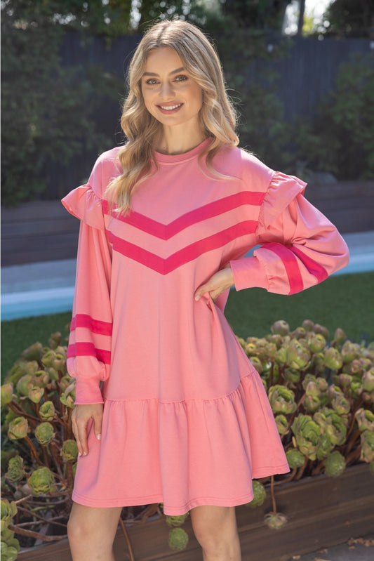 Terry Striped Dress: pink fabric, long puff sleeves, chevron stripes, ruffle details. Available in sizes XS-XL.