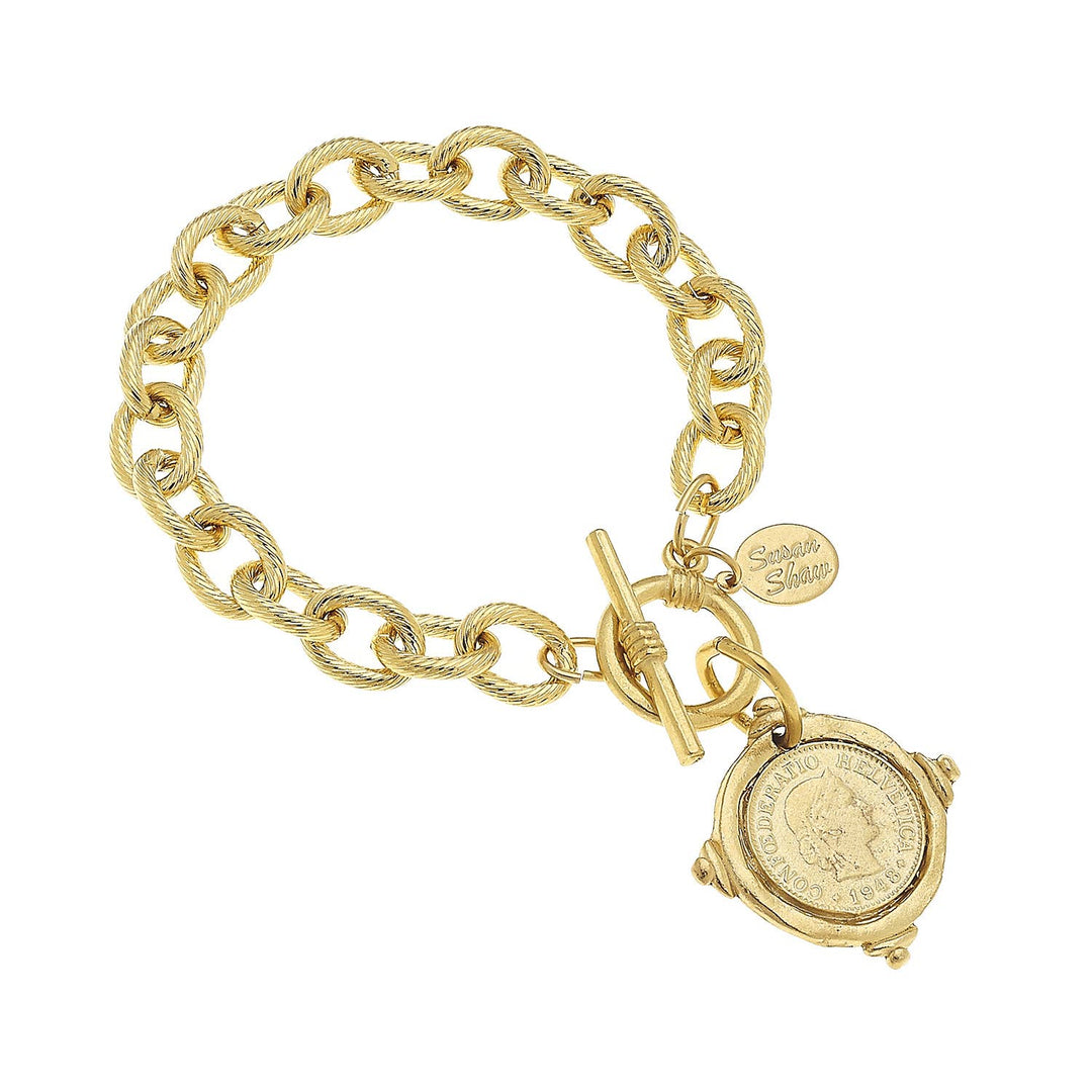 24K gold Coin Toggle Bracelet with Swiss franc coin pendant, engraved charm, toggle clasp. Available in multiple sizes.