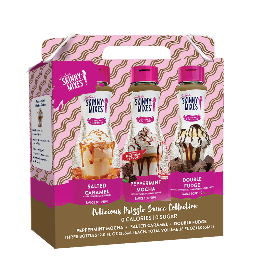 Sugar Free Holiday Delicious Drizzle Sauce Trio with three bottles of Salted Caramel, Peppermint Mocha, and Double Fudge sauce in a gift box.