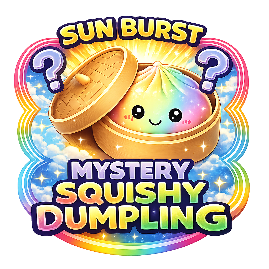 A colorful dumpling squishy toy in a bamboo steamer, labeled “Fun Doh Color Changing Dumpling Squishy Toy”; available in multiple sizes.
