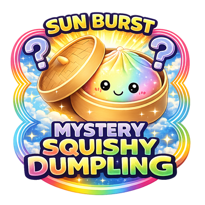 A colorful dumpling squishy toy in a bamboo steamer, labeled “Fun Doh Color Changing Dumpling Squishy Toy”; available in multiple sizes.