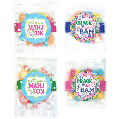 Mahjong Small Candy Bags: 4 clear bags with assorted candies, round labels, available in small size.