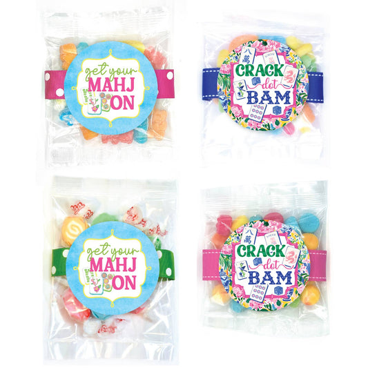 Mahjong Small Candy Bags: 4 clear bags with assorted candies, round labels, available in small size.