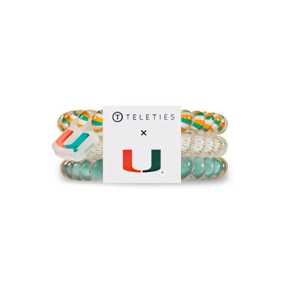 Set of three TELETIES Hair Ties (green, orange, clear) with University of Miami logo; available in small and large sizes.