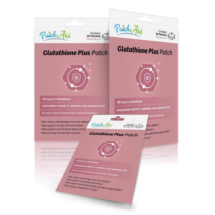 Glutathione Plus Patch – Antioxidant &amp; Detox Support, single pack with pink packaging, white text, and health icons. Sizes available: single pack.