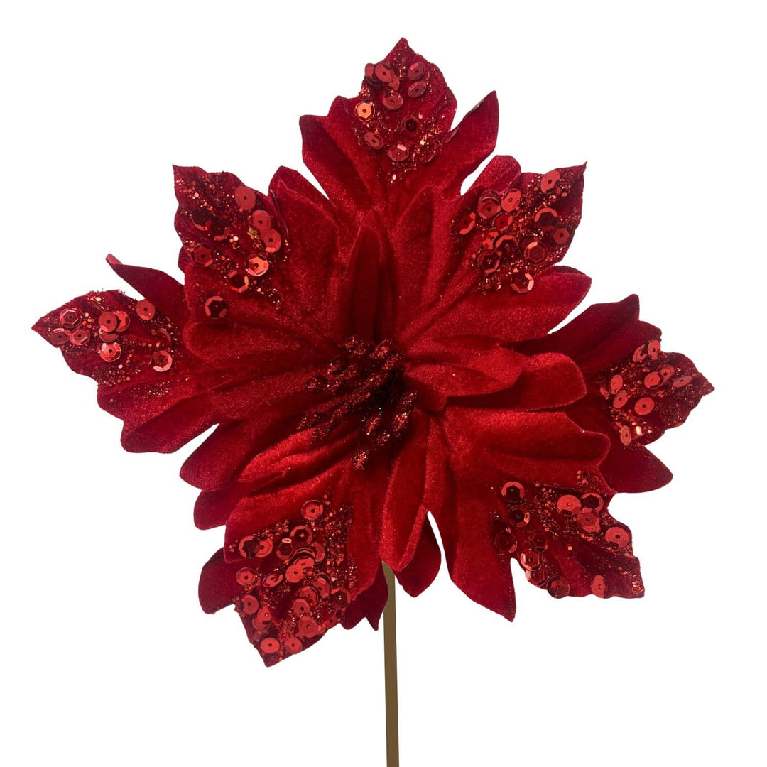 Wavy Cut Velvet Poinsettia Leaf Stem in red, 9″ size, with layered velvet petals and sparkling sequins on a thin stem.
