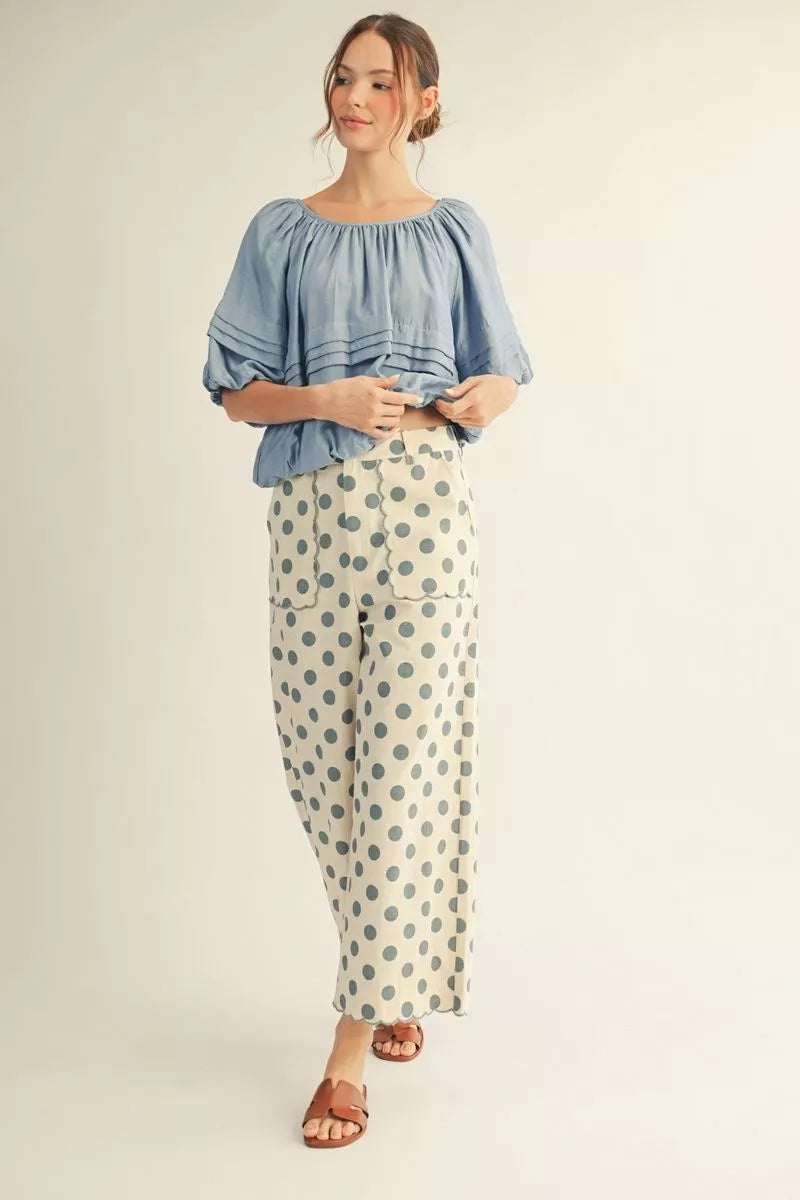 Denim Blue HW Wide Scallop Polka Dot Pants shown; available in sizes XS–XL.