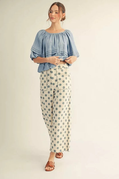 Denim Blue HW Wide Scallop Polka Dot Pants shown; available in sizes XS–XL.