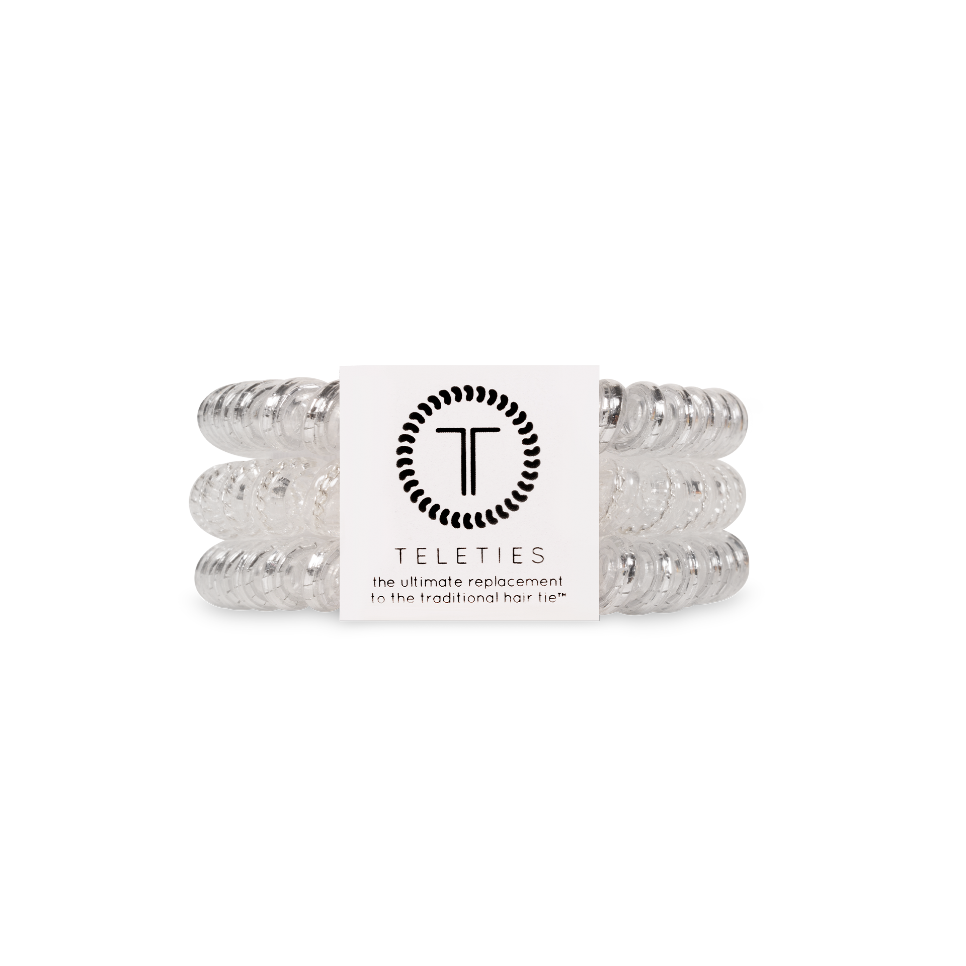 Pack of three clear spiral hair coils with silver accents for all-day hold. Available in small, medium, and large sizes.