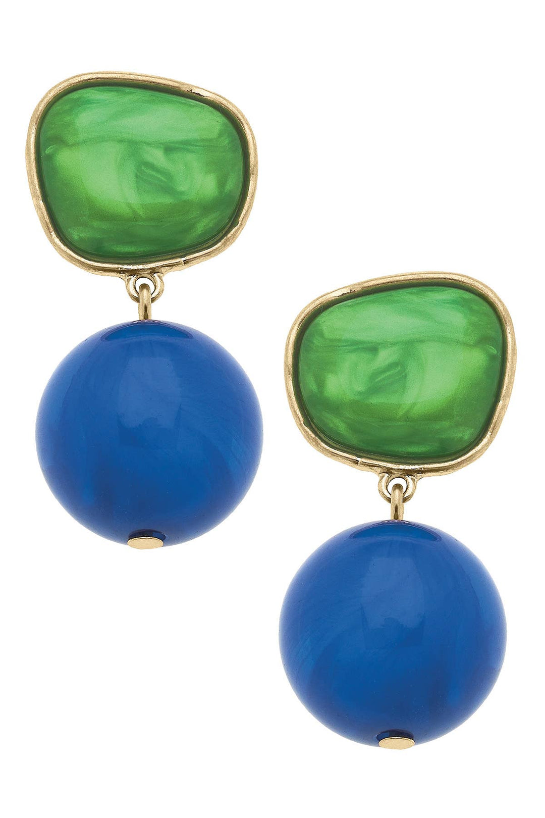 Green &amp; blue drop earrings with gold-trimmed resin stones and blue beads. Available in one size.