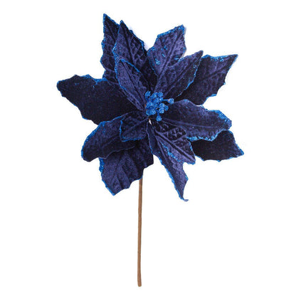 Artificial Velveteen Poinsettia flower with deep blue petals, brown stem, glittery blue accents, and central clustered details. Available in 12-inch and 16-inch sizes.