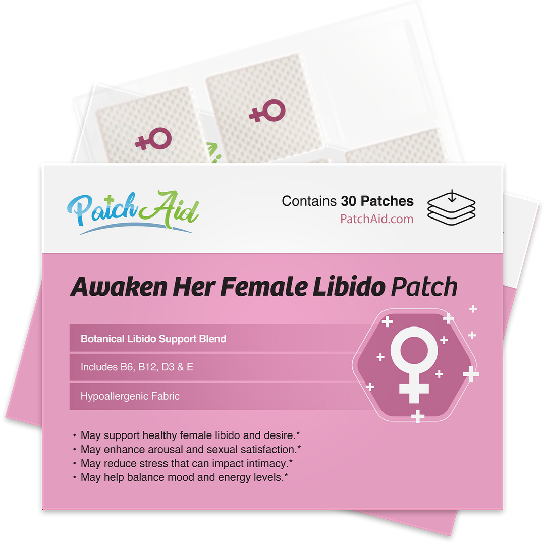 A pink PatchAid package labeled “Awaken Her Female Libido Patch – Desire &amp; Energy Support: 1-Pack” features a female symbol and highlights women’s health benefits. Available in a 1-pack with 30 patches.