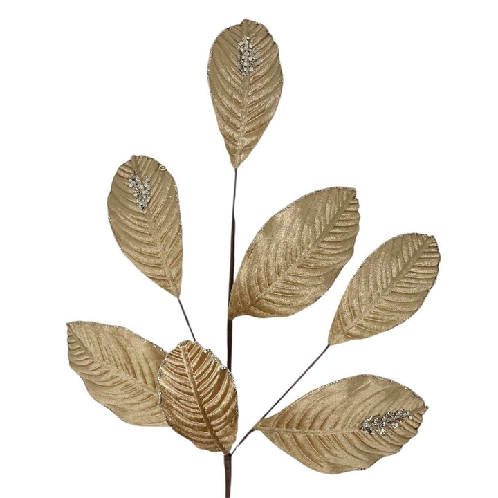 Velvet Magnolia Leaf w/ Sequins 26″ - Chestnut: eight gold, textured leaves with subtle glitter on thin brown stems; size 26 inches.