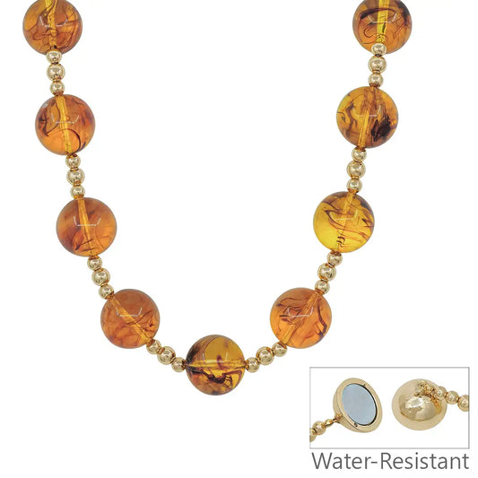Betty Tortoise Necklace with round amber-like beads and small gold beads, gold clasp, water-resistant. Available in multiple sizes.