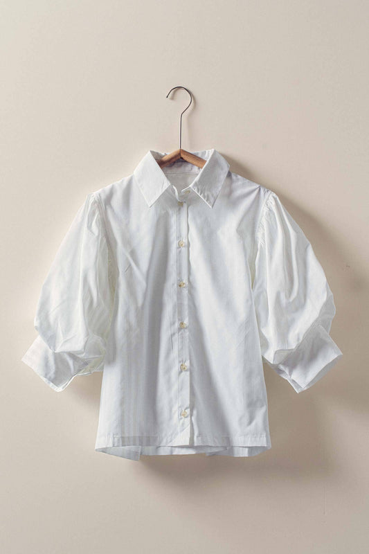 Western Boho Drop Waist White Stripe Blouse by Free People with puffed 3/4 sleeves, pointed collar. Sizes XS-XL.