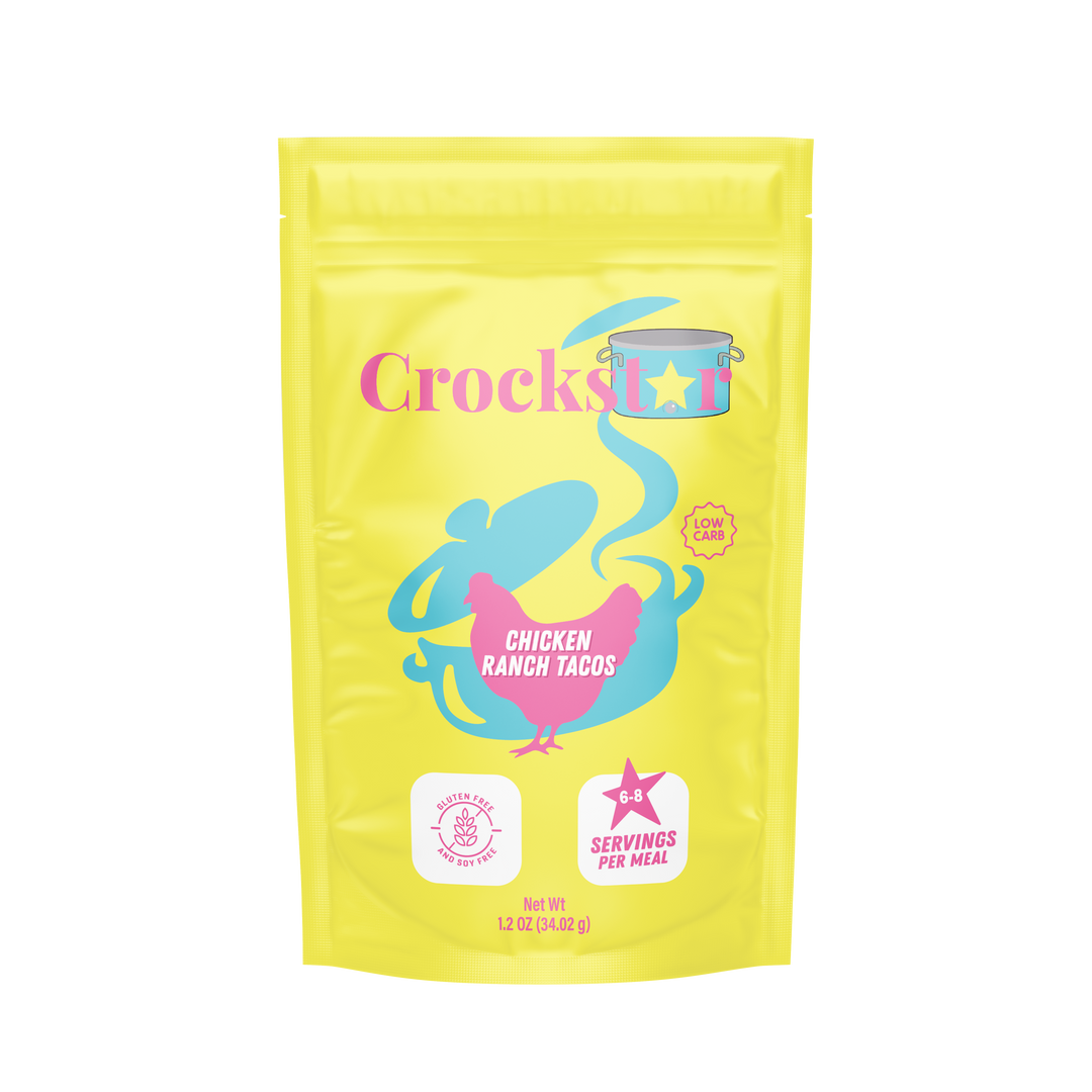 Bright yellow Chicken Ranch Tacos pouch, blue chicken graphic, serves 6-8, labeled "Quick &amp; Easy Meals.