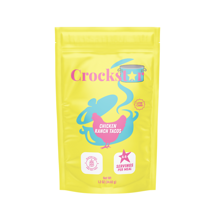 Bright yellow Chicken Ranch Tacos pouch, blue chicken graphic, serves 6-8, labeled "Quick &amp; Easy Meals.
