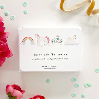 Fairytale flat notes with rainbow, unicorn, crown, and swan on the cover. Available in 4x6 and 5x7 inches.