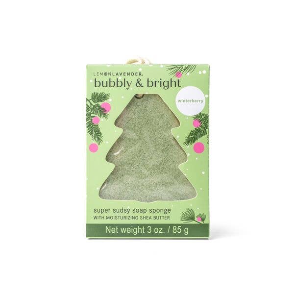 Tree-shaped, soap-infused sponge with pine branch packaging, winterberry scent, and shea butter; 3 oz. size.