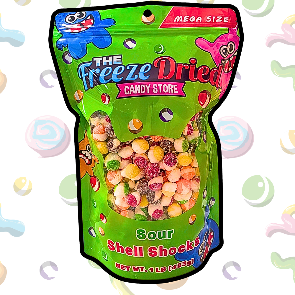 Colorful "Freeze Dried Shell Shocks: Sour Wild Berry" bag, 4 oz pack, with assorted sour candies; cartoons on packaging.
