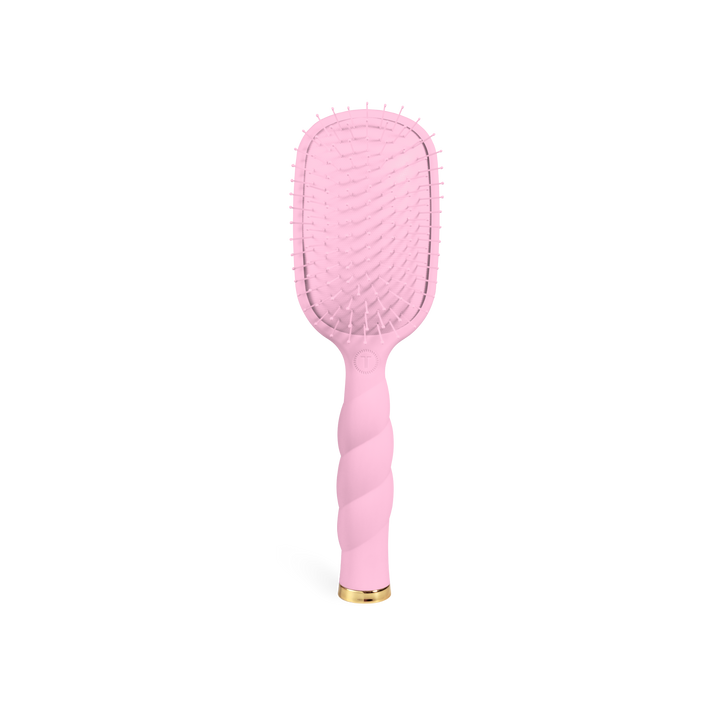 Bubblegum pink Detangler Brush, Medium, featuring a twisted handle and gold-tone base.
