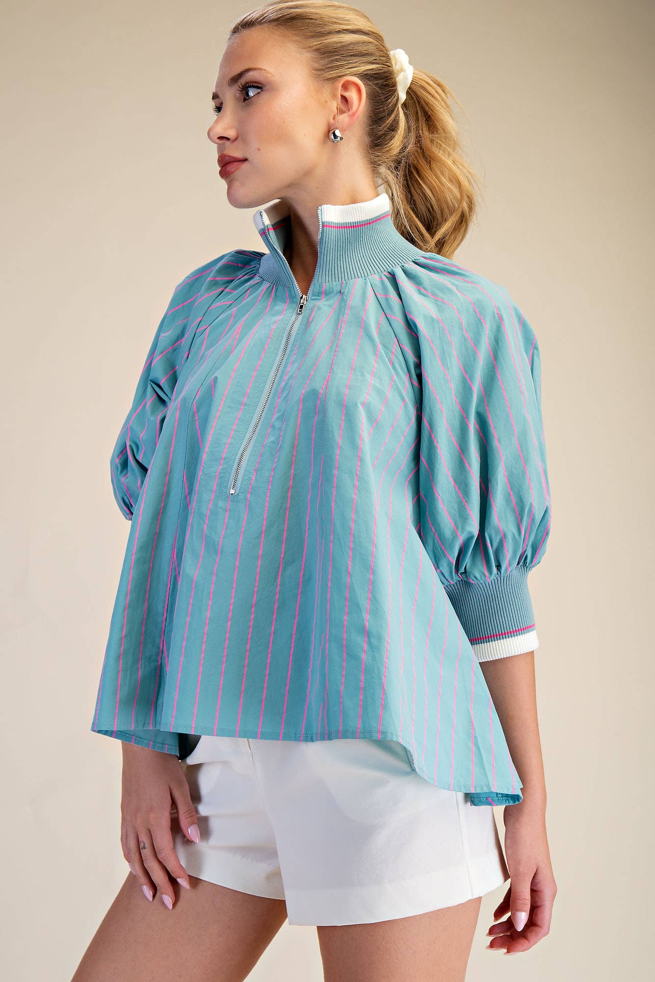 Mint Mock Neck Band Puff Sleeve Blouse