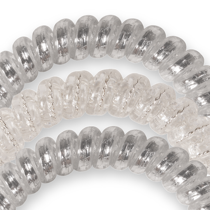 Three transparent spiral hair ties with silver glitter threads. Available in small, medium, and large sizes.