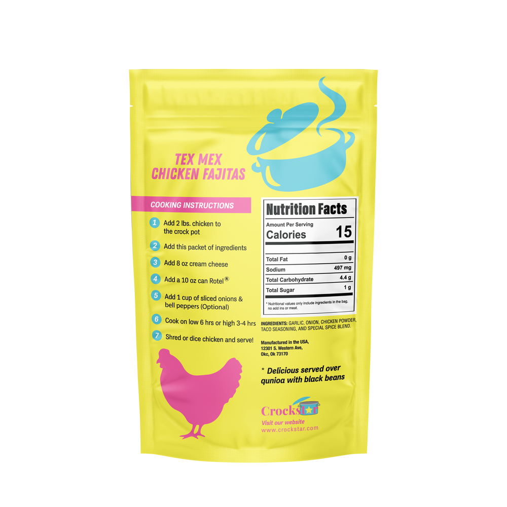 Yellow Tex Mex Chicken Fajitas packet with instructions, nutrition facts, pink chicken and blue pot; sizes: 200g, 400g.