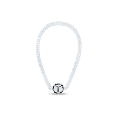 White beaded bracelet with a black "T" charm; available in small, medium, and large sizes.