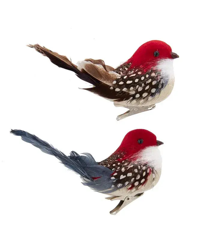 Set of two 5.5" decorative bird clips with red heads, white-spotted brown and grey wings, and long tails (one brown, one blue).