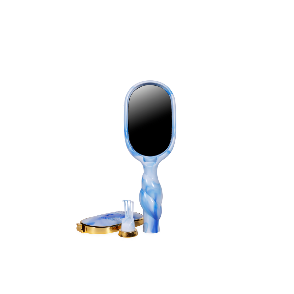Blue hand mirror with twisted handle; available in standard and travel sizes.