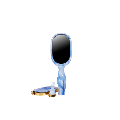 Blue hand mirror with twisted handle; available in standard and travel sizes.