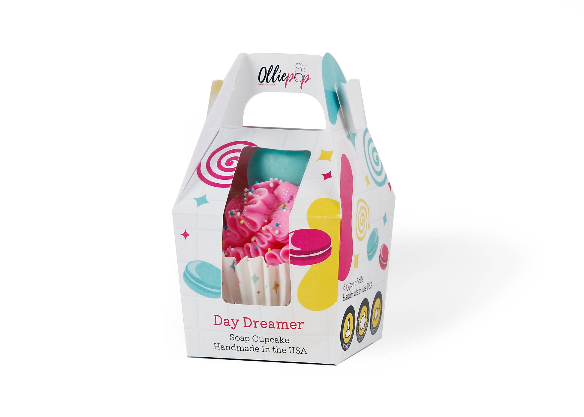 Pink Day Dreamer Cupcake Soap (Peony Suede) in candy-themed box, topped with sprinkles. Available in standard size.