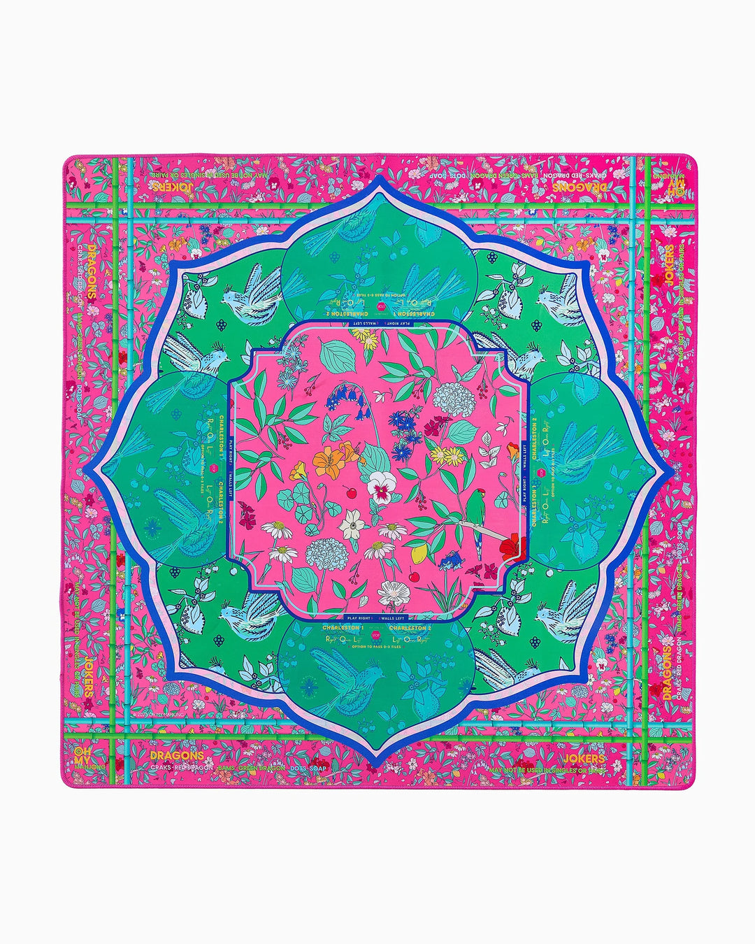 Vibrant square scarf with pink, green, and blue floral and bird patterns. Available sizes: 27"x27", 35"x35".