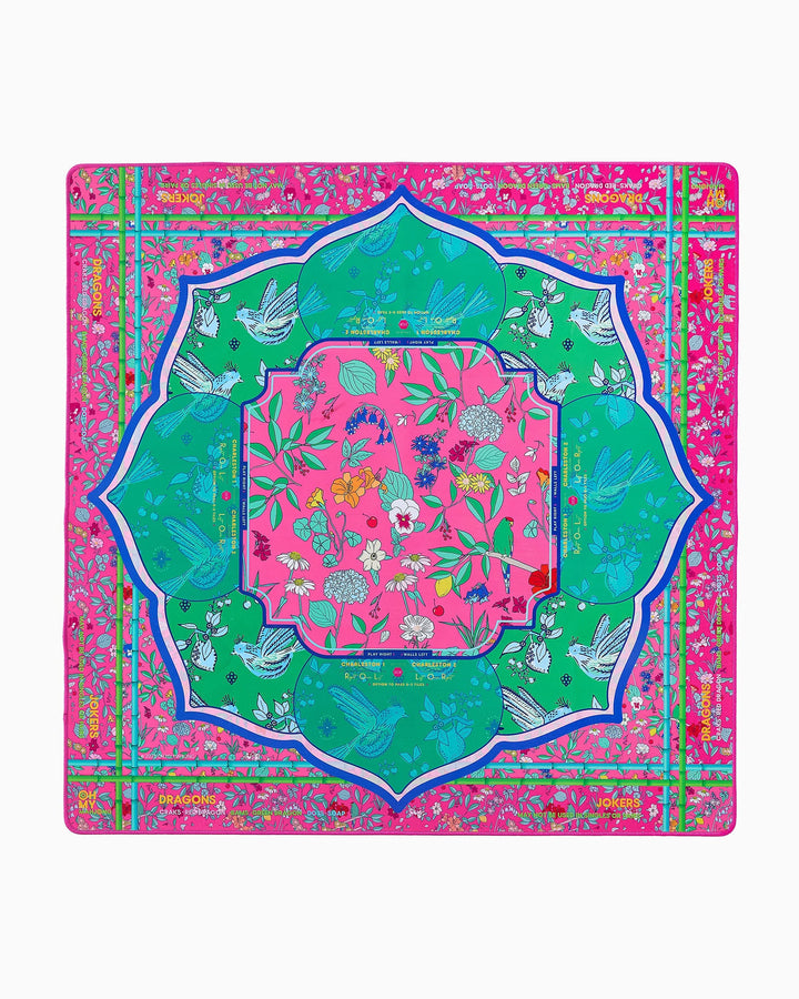 Vibrant square scarf with pink, green, and blue floral and bird patterns. Available sizes: 27"x27", 35"x35".
