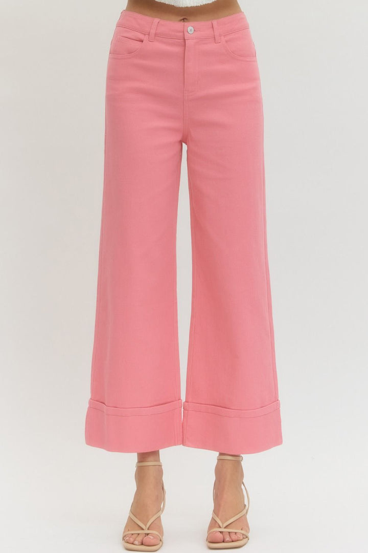 Pink Solid MR Ankle Length Pants: high-waisted, wide-leg, cuffed hem. Available in sizes XS-XL.