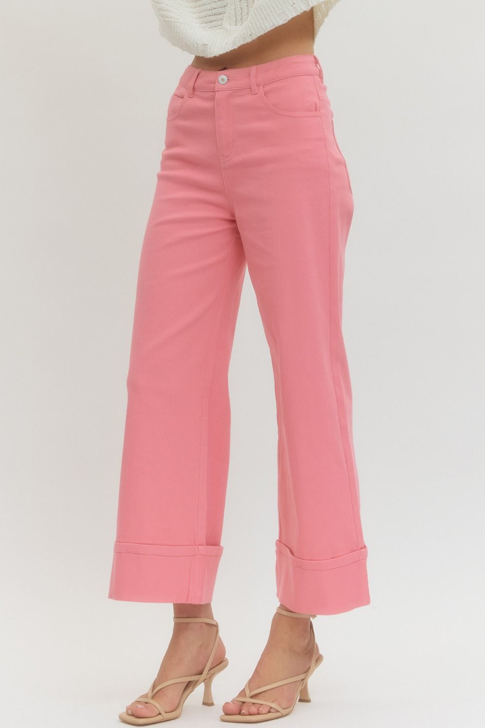 Pink Solid MR Ankle Length Pants: high-waisted, wide-leg, large cuffs. Available in sizes XS-XL.