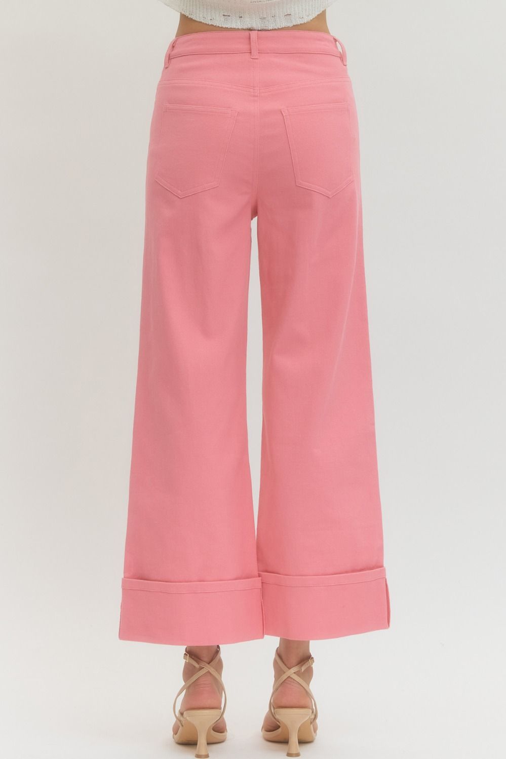 Pink Solid MR Ankle Length Pants with wide legs, high waist, large hem cuffs; available in sizes XS to XL.