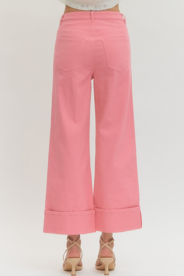 Pink Solid MR Ankle Length Pants with wide legs, high waist, large hem cuffs; available in sizes XS to XL.