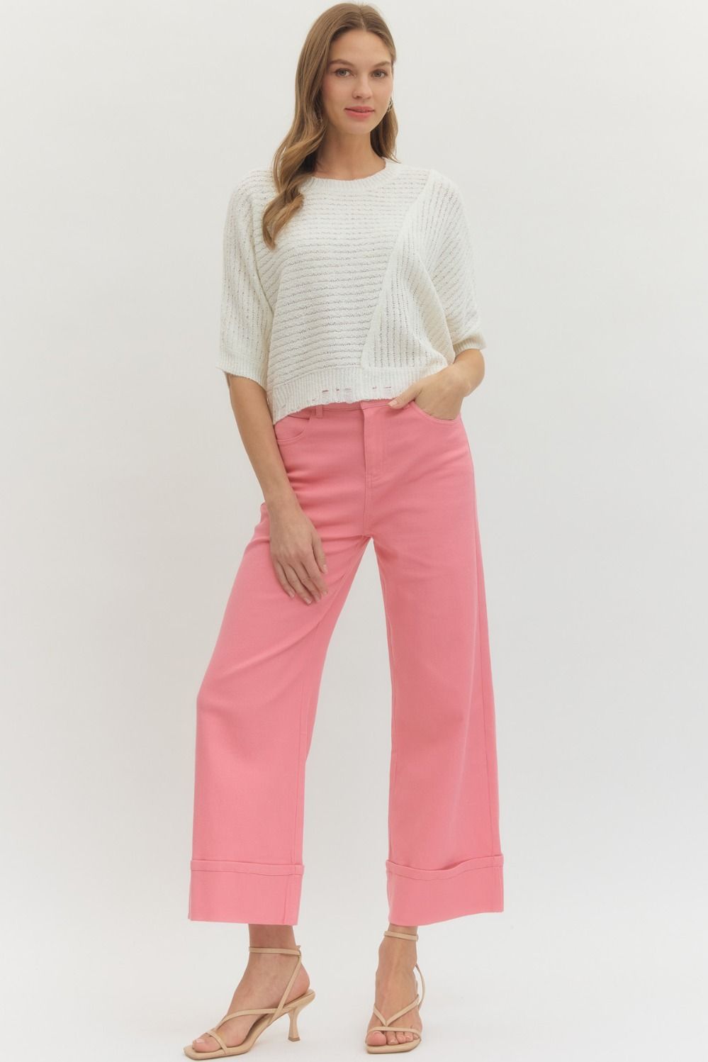 Pink Solid MR Ankle Length Pants, available in sizes XS-XL.