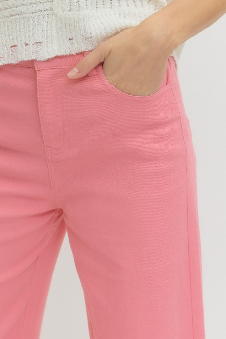 Pink Solid MR Ankle Length Pants, high-waisted, ankle length; available in sizes S-XL.