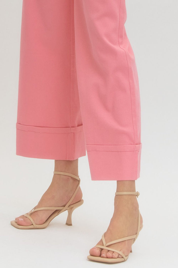 Pink solid MR ankle length pants with cuffed hems, available in sizes XS-XL.