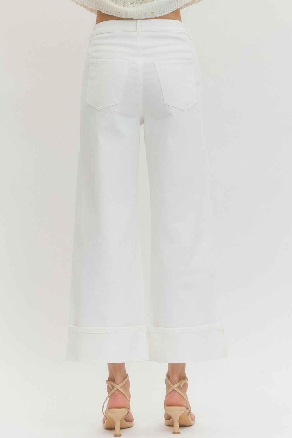 Off-White MR Ankle Length Pants: high waist, wide legs, back pockets. Available in sizes XS–XL.