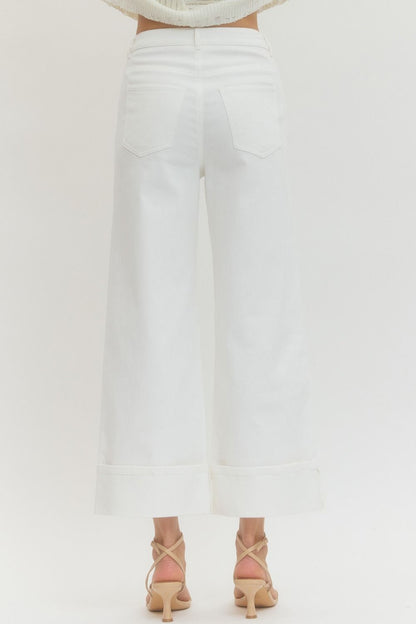 Off-White MR Ankle Length Pants: high waist, wide legs, back pockets. Available in sizes XS–XL.