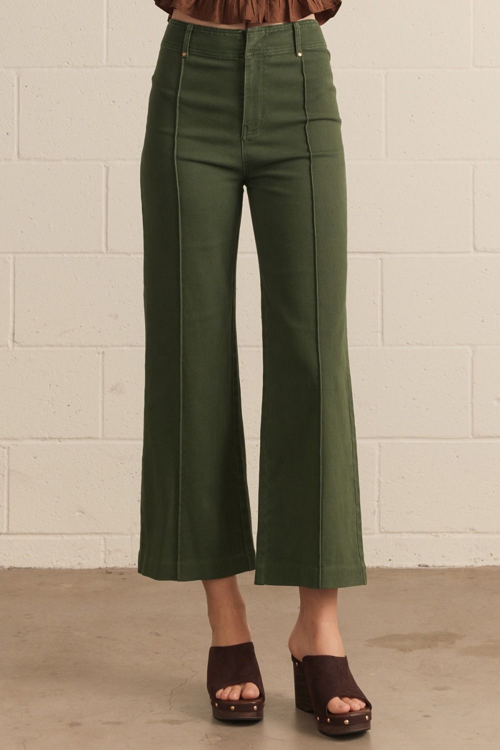 Evergreen High Rise Wide Leg Pants in olive green, available in sizes XS-XL.