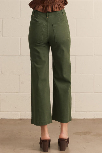 Evergreen High Rise Wide Leg Pants in hunter green, available in sizes XS–XL.