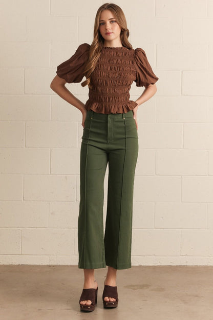 Evergreen High Rise Wide Leg Pants in hunter green, available in sizes XS–XL.