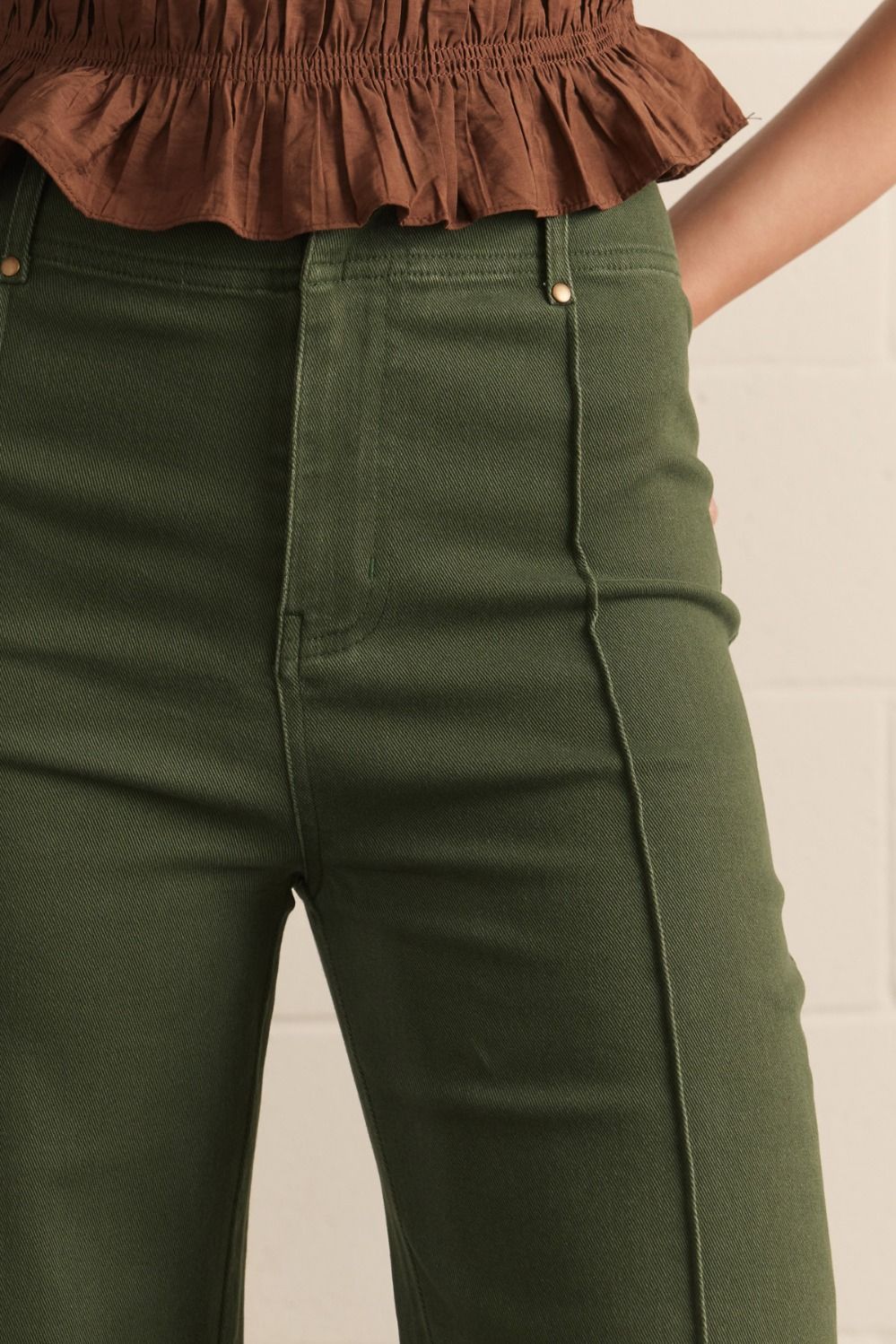 Evergreen High Rise Wide Leg Pants in hunter green shown; available in sizes XS–XL.