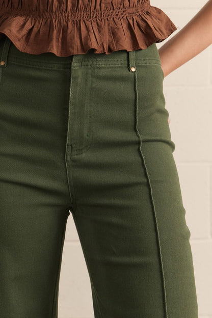 Evergreen High Rise Wide Leg Pants in hunter green shown; available in sizes XS–XL.